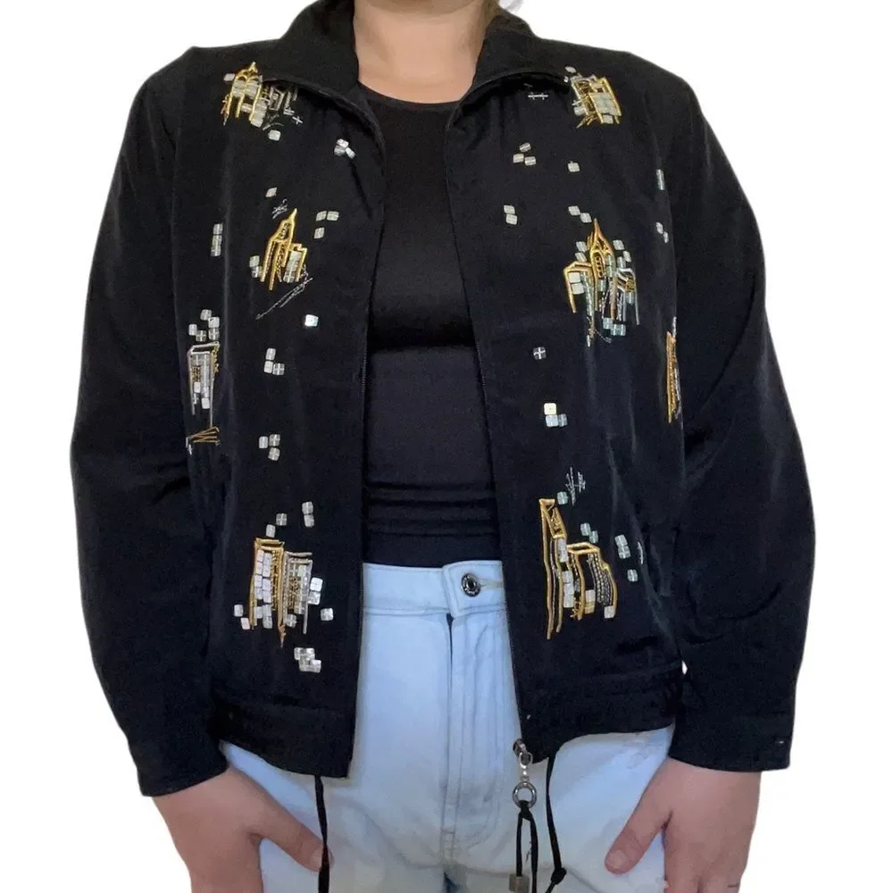 Mureli Women's Size PS Jacket Black Long Sleeve Full Zip Embroidered Vintage